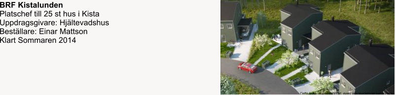 BRF Kistalunden Platschef till 25 st hus i Kista Uppdragsgivare: Hjältevadshus Beställare: Einar Mattson Klart Sommaren 2014