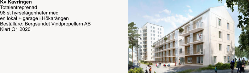 Kv Kavringen Totalentreprenad  96 st hyrselägenheter med  en lokal + garage i Hökarängen Beställare: Bergsundet Vindpropellern AB Klart Q1 2020